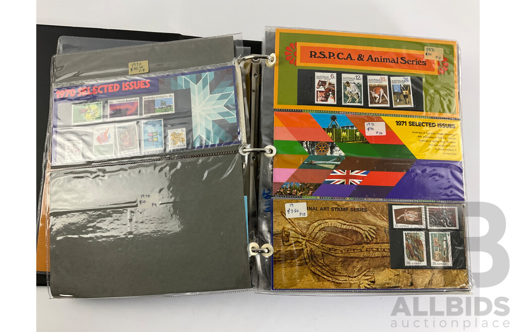 Album of Australian Stamp Packs, Examples Spanning 1969 to 1981, Many Doubles, Including Selected Issues, Coming South Ten Dollar and More