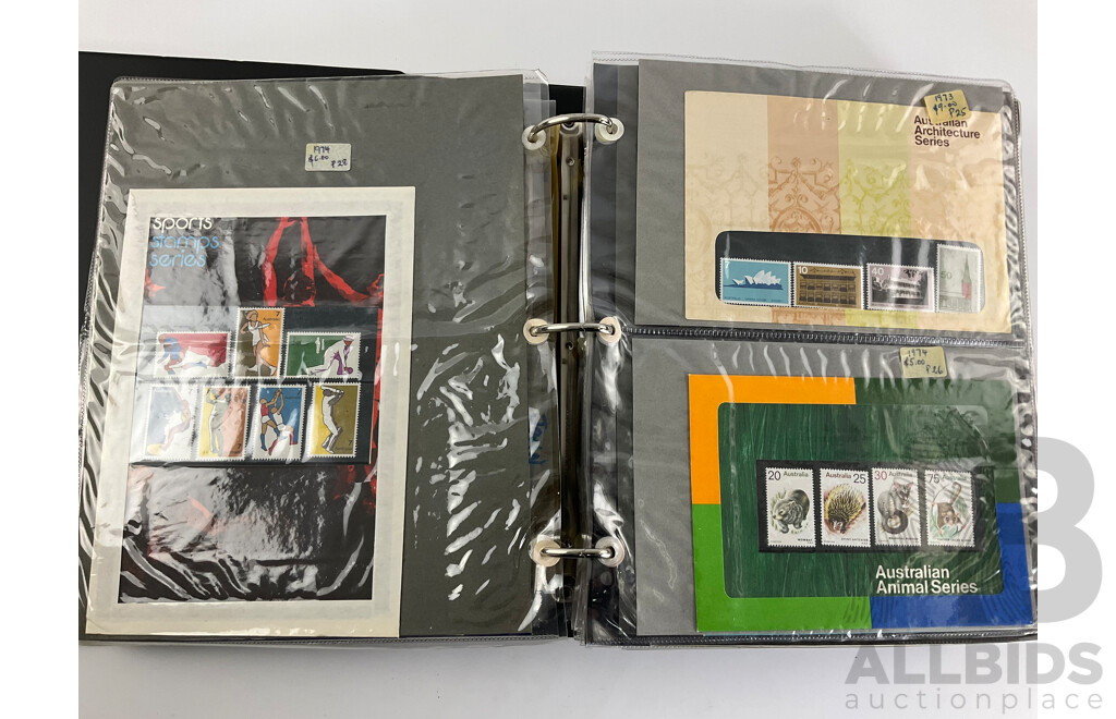 Album of Australian Stamp Packs, Examples Spanning 1969 to 1981, Many Doubles, Including Selected Issues, Coming South Ten Dollar and More