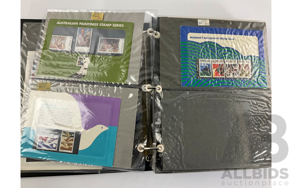 Album of Australian Stamp Packs, Examples Spanning 1969 to 1981, Many Doubles, Including Selected Issues, Coming South Ten Dollar and More