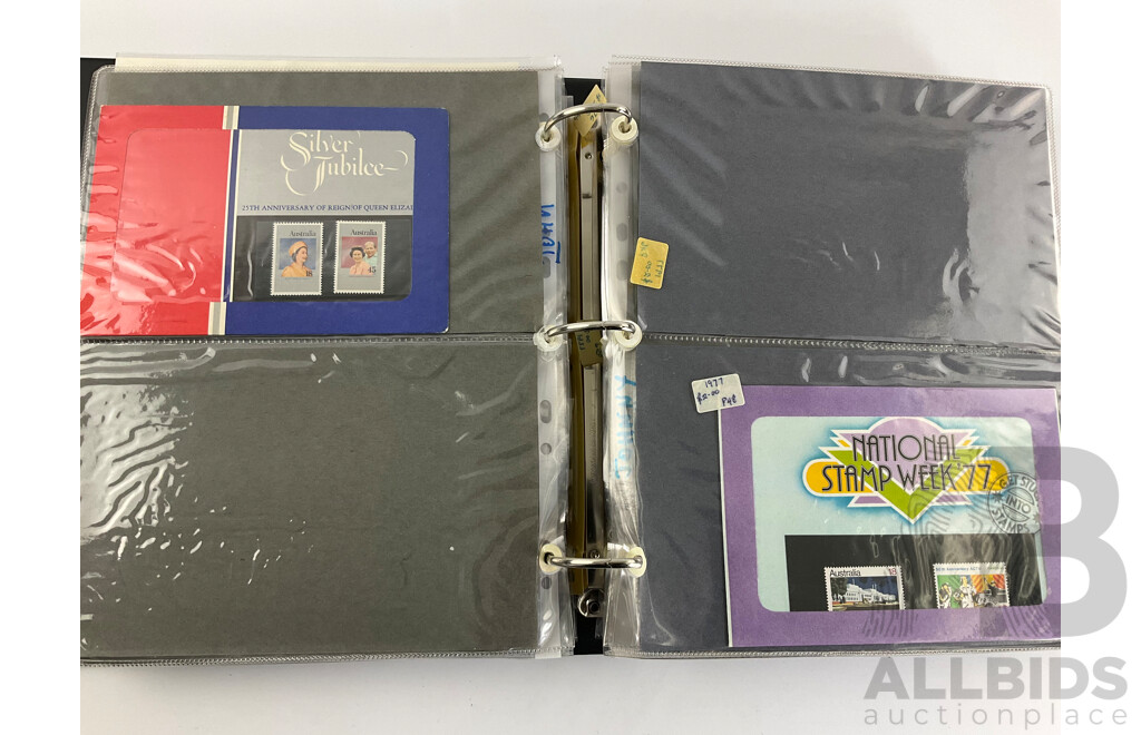 Album of Australian Stamp Packs, Examples Spanning 1969 to 1981, Many Doubles, Including Selected Issues, Coming South Ten Dollar and More