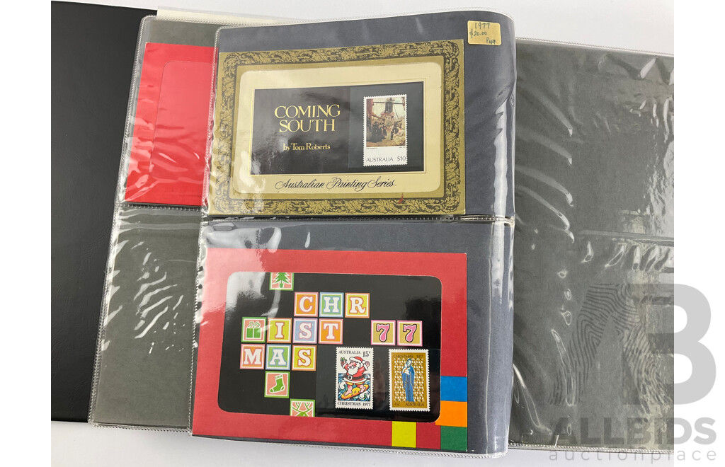 Album of Australian Stamp Packs, Examples Spanning 1969 to 1981, Many Doubles, Including Selected Issues, Coming South Ten Dollar and More