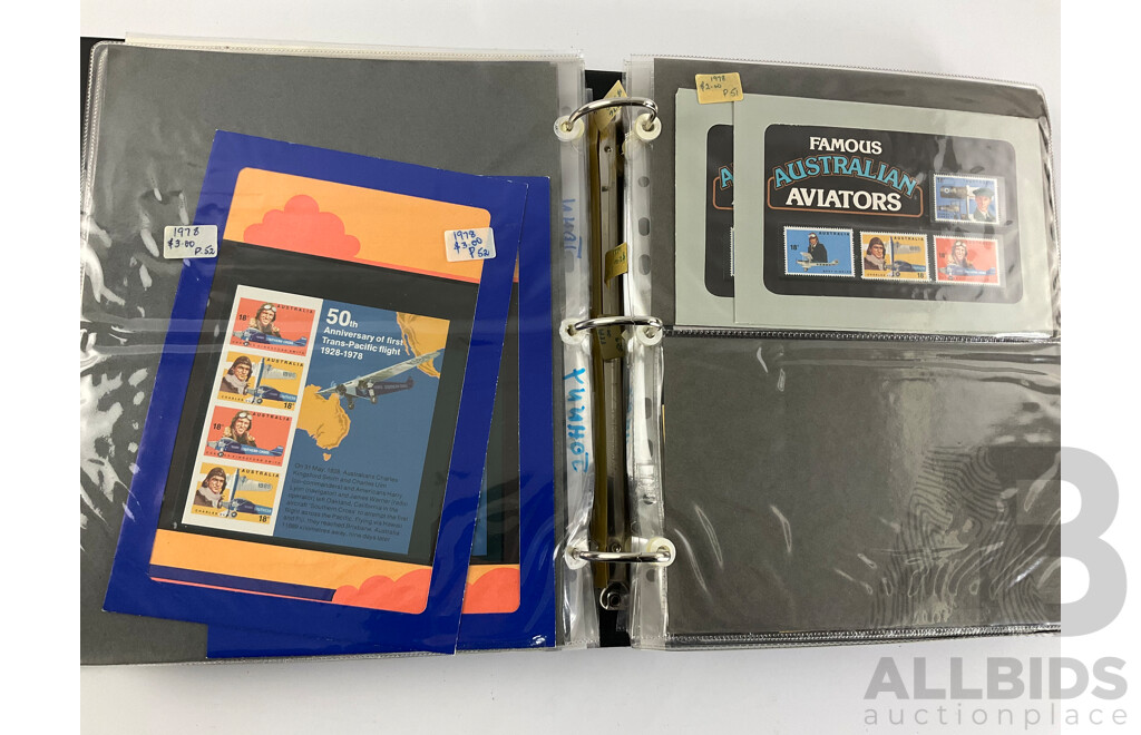 Album of Australian Stamp Packs, Examples Spanning 1969 to 1981, Many Doubles, Including Selected Issues, Coming South Ten Dollar and More