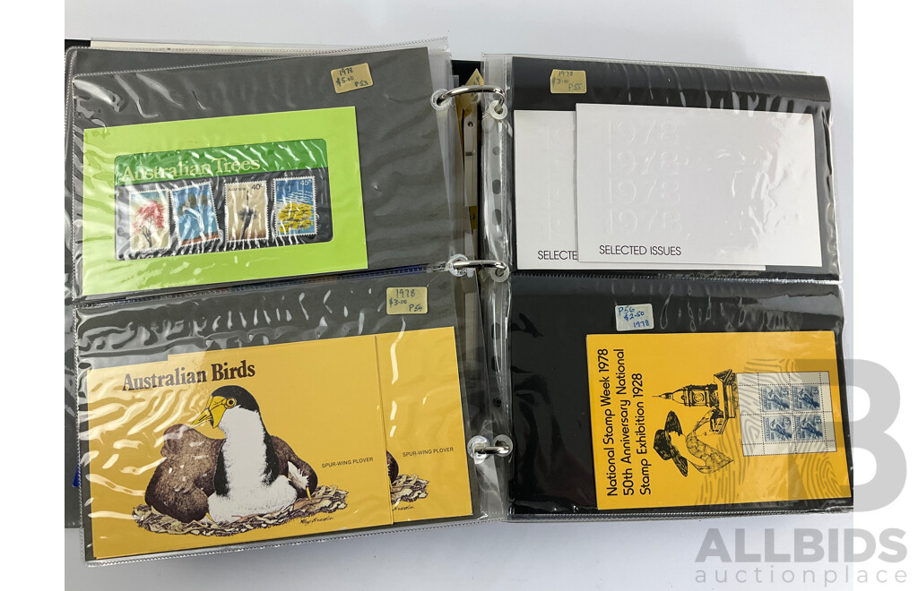 Album of Australian Stamp Packs, Examples Spanning 1969 to 1981, Many Doubles, Including Selected Issues, Coming South Ten Dollar and More
