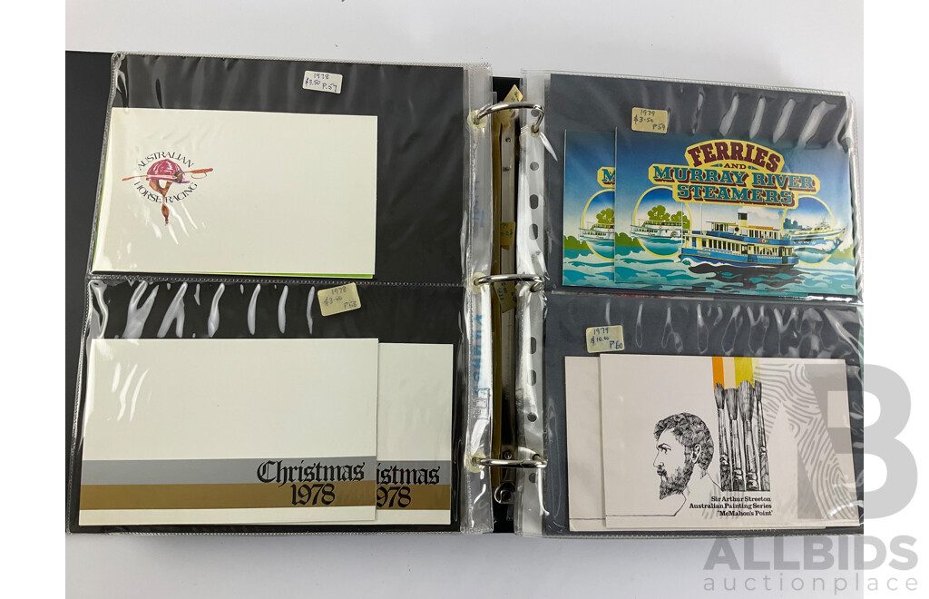 Album of Australian Stamp Packs, Examples Spanning 1969 to 1981, Many Doubles, Including Selected Issues, Coming South Ten Dollar and More