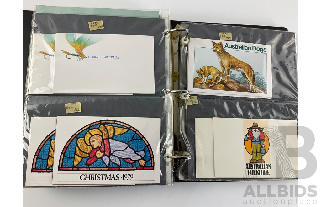 Album of Australian Stamp Packs, Examples Spanning 1969 to 1981, Many Doubles, Including Selected Issues, Coming South Ten Dollar and More