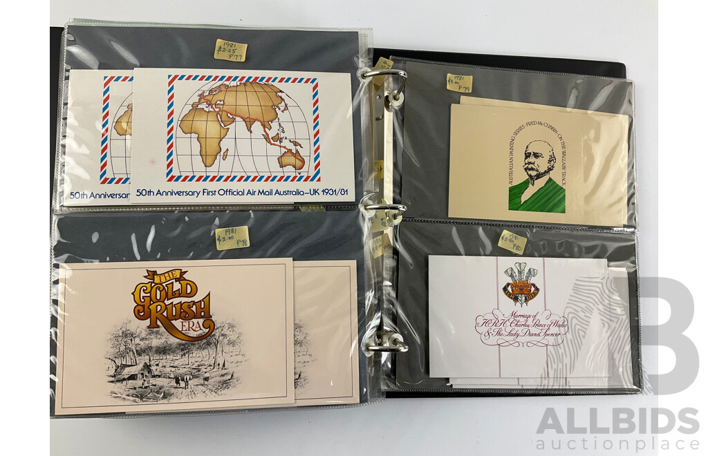 Album of Australian Stamp Packs, Examples Spanning 1969 to 1981, Many Doubles, Including Selected Issues, Coming South Ten Dollar and More