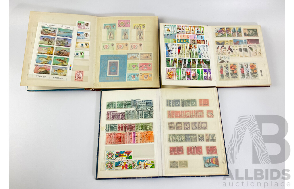 Three Albums of Vintage Stamps Including Bahrain, Kuwait, UAE, Bhutan, Pakistan, Palestine, San Marino, Over Prints, Mints