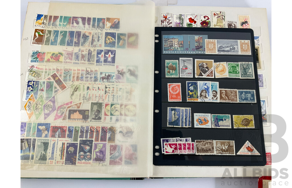 Three Antique and Vintage International Stamp Albums Including Fujeira, Manama, Yemen, Sharjah, Indonesia, Lebanon, Egypt, Libya, Oman, Kuwait, Rwanda, Romania, Bulgaria