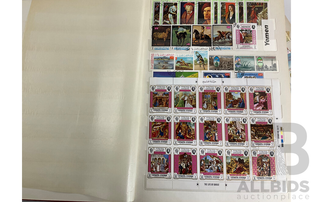 Three Antique and Vintage International Stamp Albums Including Fujeira, Manama, Yemen, Sharjah, Indonesia, Lebanon, Egypt, Libya, Oman, Kuwait, Rwanda, Romania, Bulgaria