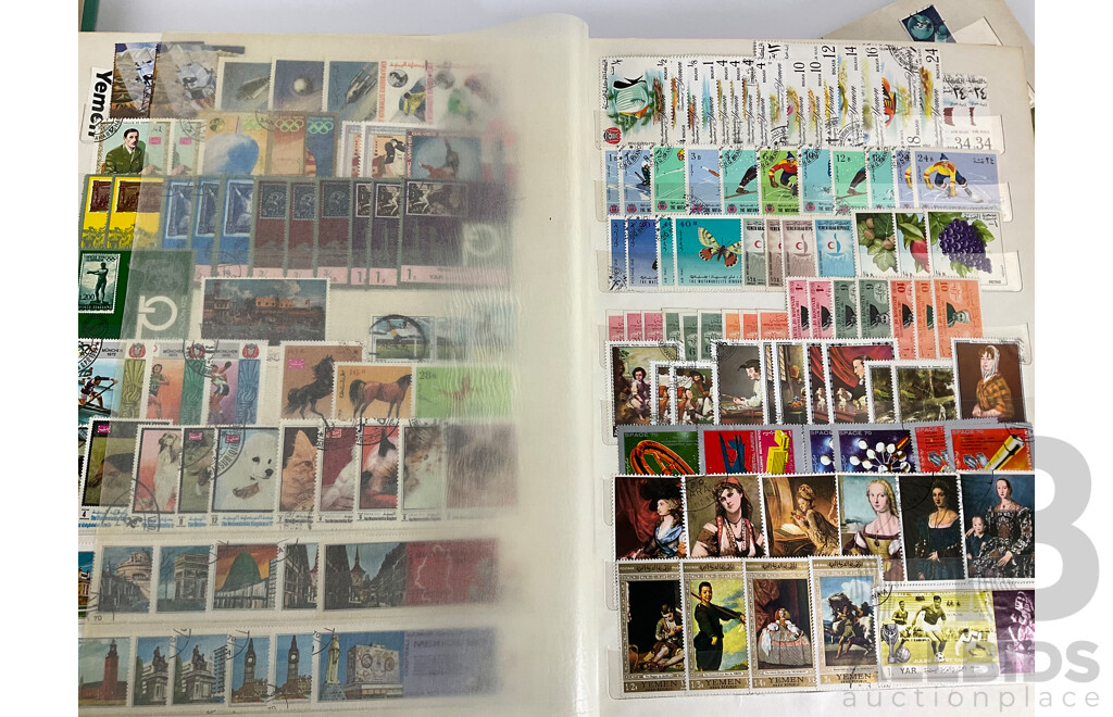 Three Antique and Vintage International Stamp Albums Including Fujeira, Manama, Yemen, Sharjah, Indonesia, Lebanon, Egypt, Libya, Oman, Kuwait, Rwanda, Romania, Bulgaria