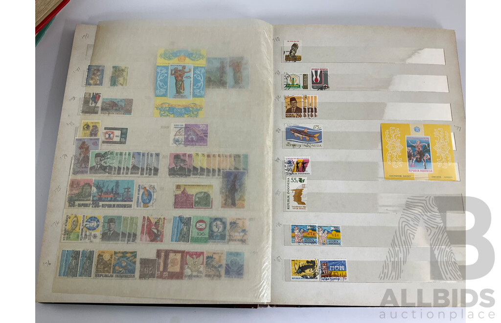 Three Antique and Vintage International Stamp Albums Including Fujeira, Manama, Yemen, Sharjah, Indonesia, Lebanon, Egypt, Libya, Oman, Kuwait, Rwanda, Romania, Bulgaria