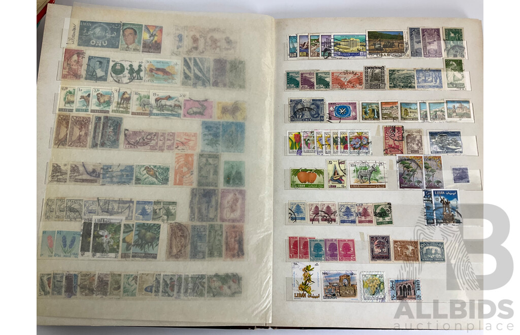 Three Antique and Vintage International Stamp Albums Including Fujeira, Manama, Yemen, Sharjah, Indonesia, Lebanon, Egypt, Libya, Oman, Kuwait, Rwanda, Romania, Bulgaria