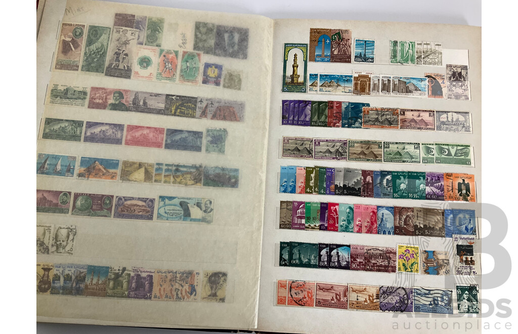 Three Antique and Vintage International Stamp Albums Including Fujeira, Manama, Yemen, Sharjah, Indonesia, Lebanon, Egypt, Libya, Oman, Kuwait, Rwanda, Romania, Bulgaria