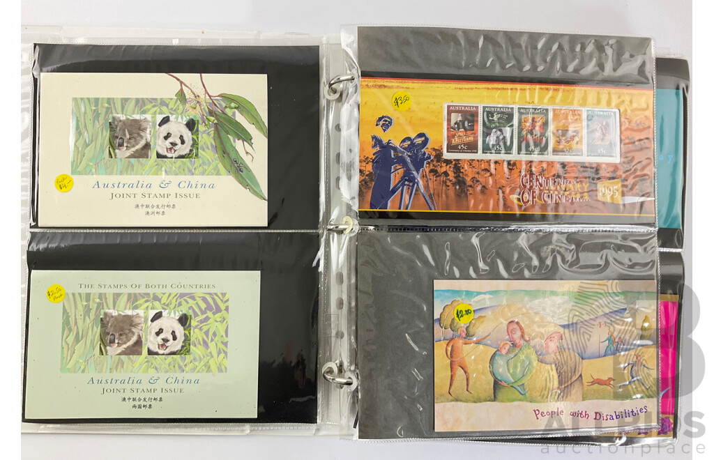 Album of Australian Stamp Packs and Booklets, Examples Spanning 1992 to 1996, Atlanta/Sydney, Joint Issues, Last Huskies, Bunyips, Native Wildlife, Dreamings, Desert Gold