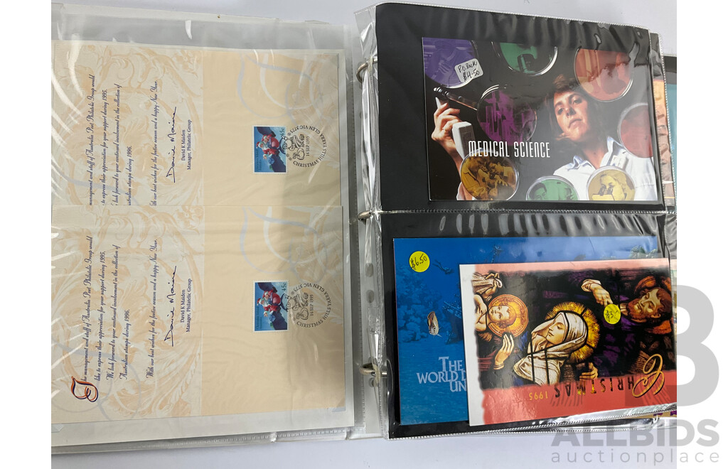 Album of Australian Stamp Packs and Booklets, Examples Spanning 1992 to 1996, Atlanta/Sydney, Joint Issues, Last Huskies, Bunyips, Native Wildlife, Dreamings, Desert Gold