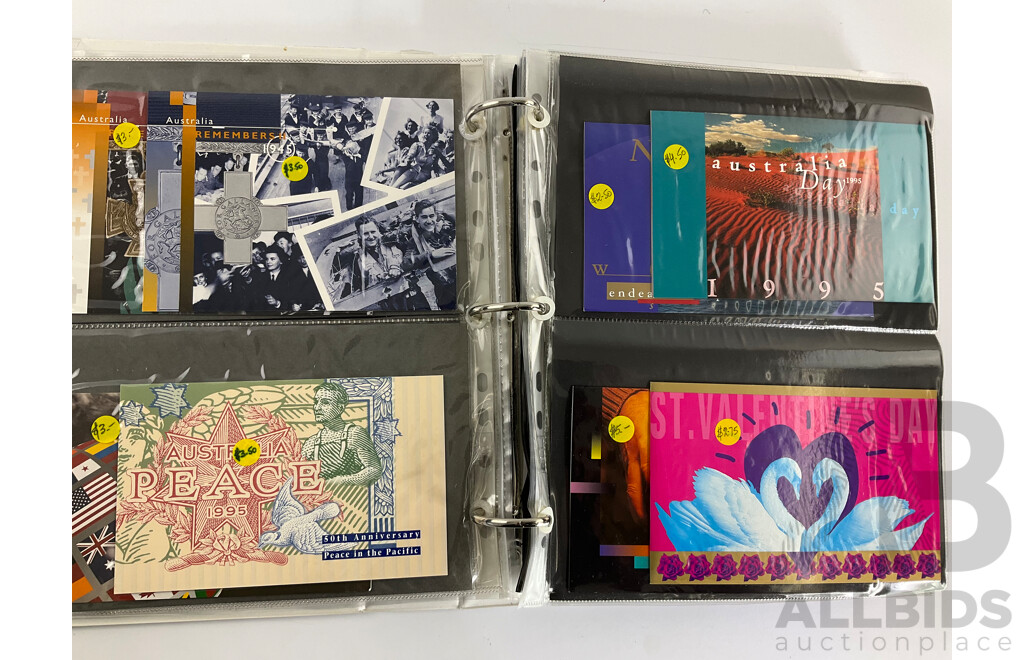Album of Australian Stamp Packs and Booklets, Examples Spanning 1992 to 1996, Atlanta/Sydney, Joint Issues, Last Huskies, Bunyips, Native Wildlife, Dreamings, Desert Gold