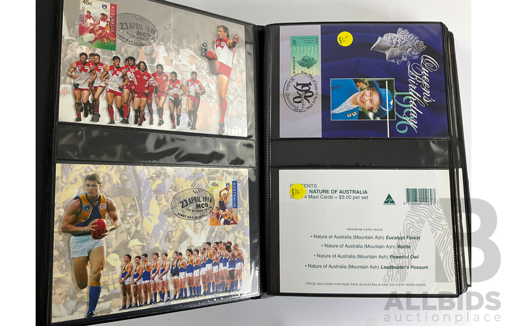 Album of Australian 1996/97 Maxicards Including  Centenary of AFL, Nature of Australia, Australia Day 1997, Classic Cars, Dolls and Bears, Wetland Birds and More