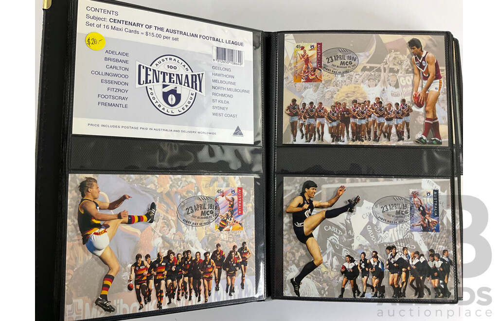 Album of Australian 1996/97 Maxicards Including  Centenary of AFL, Nature of Australia, Australia Day 1997, Classic Cars, Dolls and Bears, Wetland Birds and More