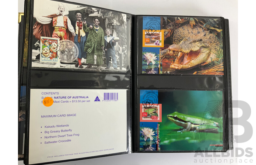 Album of Australian 1996/97 Maxicards Including  Centenary of AFL, Nature of Australia, Australia Day 1997, Classic Cars, Dolls and Bears, Wetland Birds and More