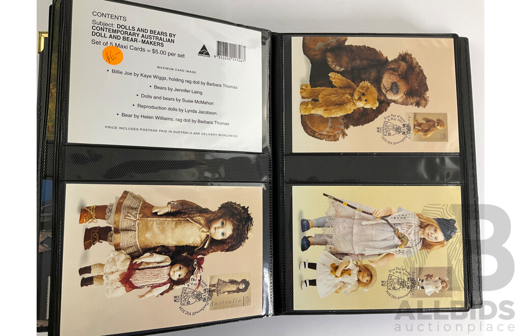 Album of Australian 1996/97 Maxicards Including  Centenary of AFL, Nature of Australia, Australia Day 1997, Classic Cars, Dolls and Bears, Wetland Birds and More