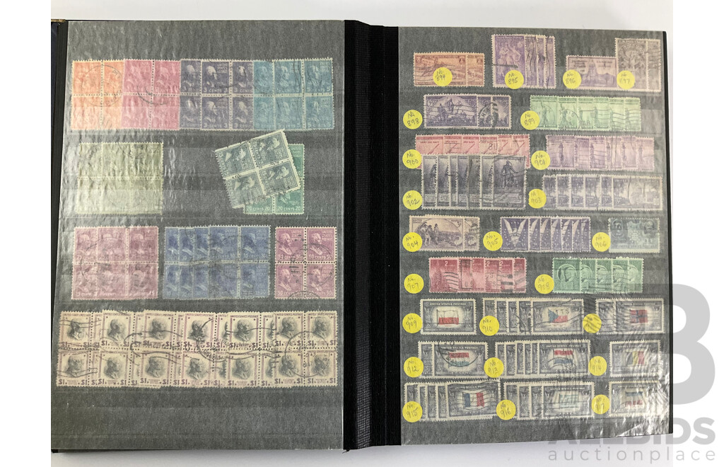 Album of USA Stamps Including Franklin, Roosevelt, Lincoln, Harding, Jackson, Overprints, Scott Catalogue Numbers Spanning 416 to 1439
