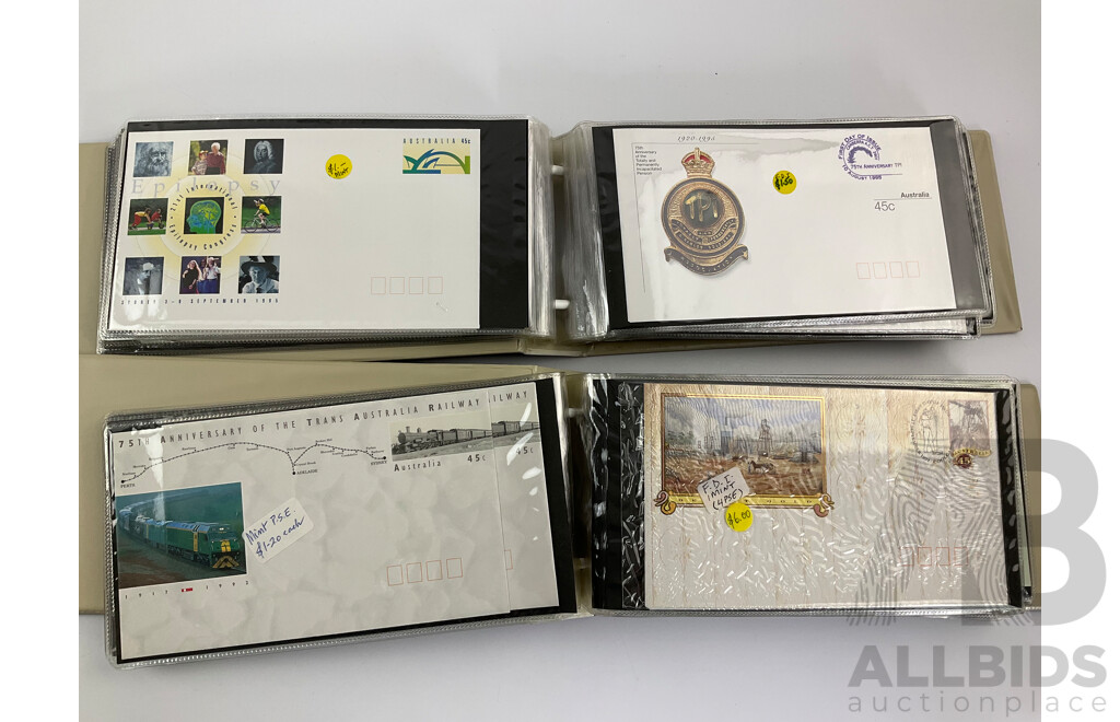 Two Albums of Australian 1991, 92, 93, 94, 95 First Day Covers Including Sets, First Flight Commemoratives, Desert Gold, Trans Australia Railway, Melbourne Zoo