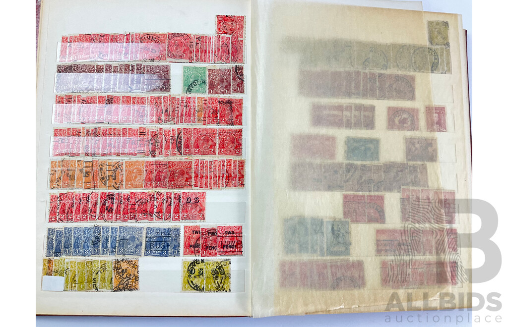 Album of Australian Predecimal Stamps Including Colonial State Stamps, 1911 First Philatelic Exhibition Souvenir Stamp, QV, KGV, KGVI, Kangaroo on Map, Perfins, Overprints with Seven Seas Australian Stamp Catalogue, Stamp New Australia