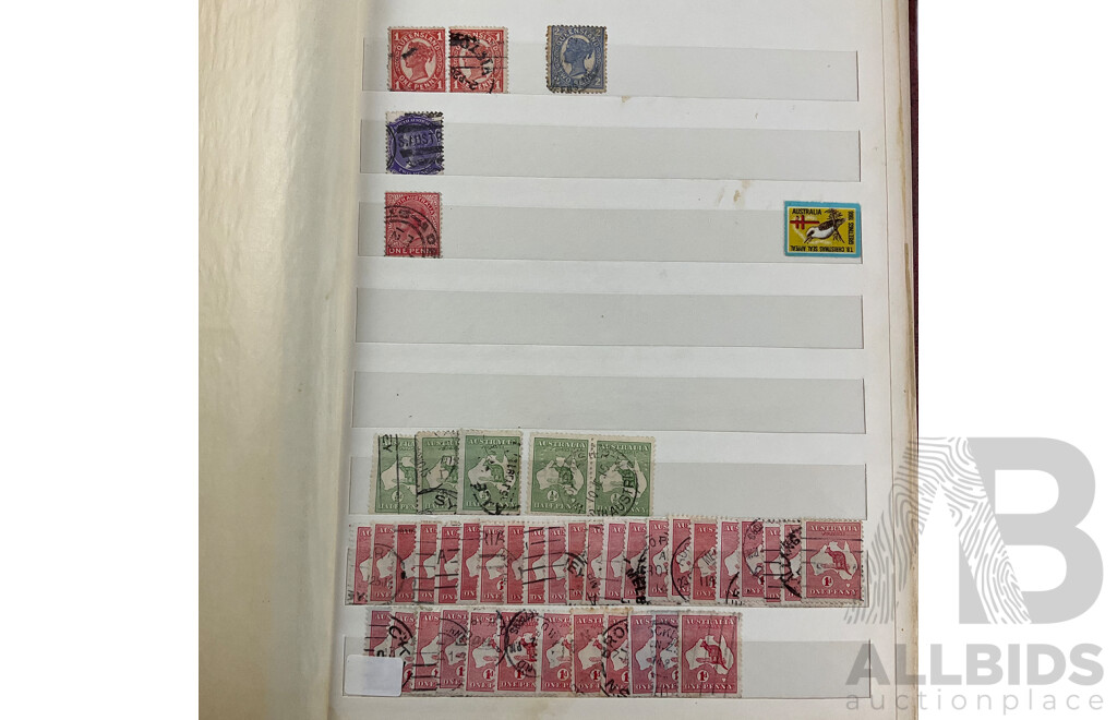 Album of Australian Predecimal Stamps Including Colonial State Stamps, 1911 First Philatelic Exhibition Souvenir Stamp, QV, KGV, KGVI, Kangaroo on Map, Perfins, Overprints with Seven Seas Australian Stamp Catalogue, Stamp New Australia