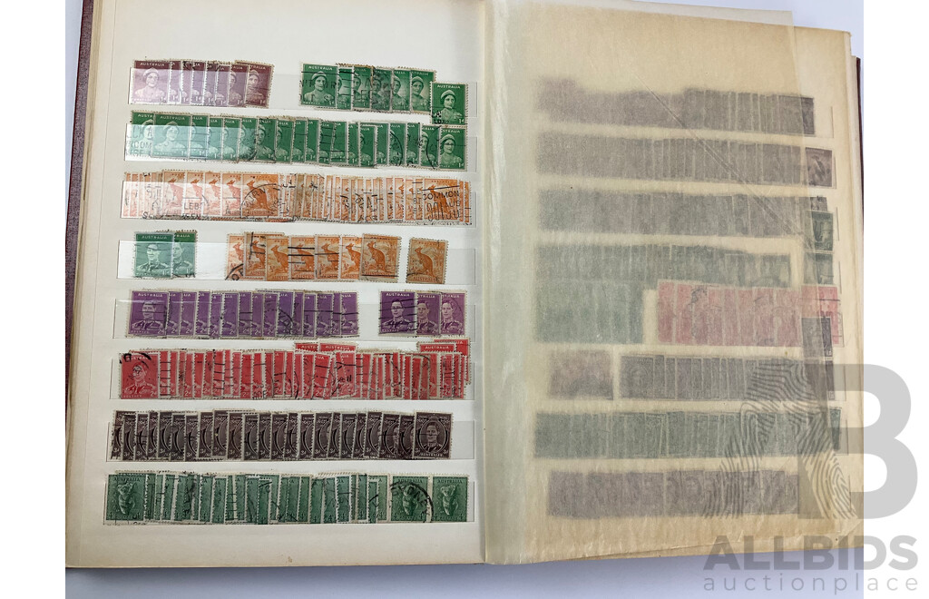 Album of Australian Predecimal Stamps Including Colonial State Stamps, 1911 First Philatelic Exhibition Souvenir Stamp, QV, KGV, KGVI, Kangaroo on Map, Perfins, Overprints with Seven Seas Australian Stamp Catalogue, Stamp New Australia