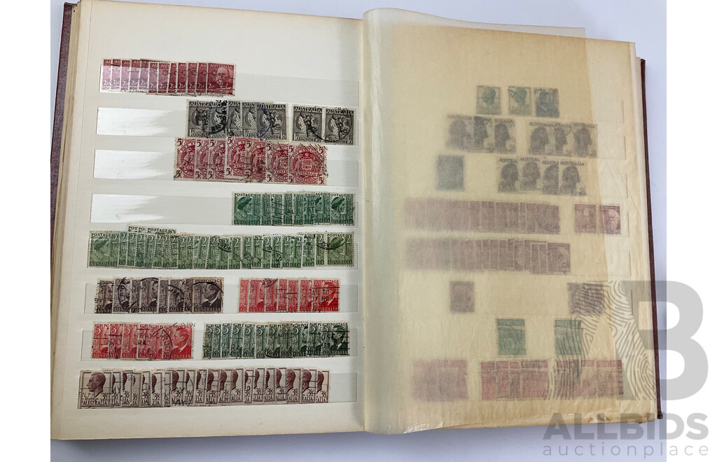 Album of Australian Predecimal Stamps Including Colonial State Stamps, 1911 First Philatelic Exhibition Souvenir Stamp, QV, KGV, KGVI, Kangaroo on Map, Perfins, Overprints with Seven Seas Australian Stamp Catalogue, Stamp New Australia