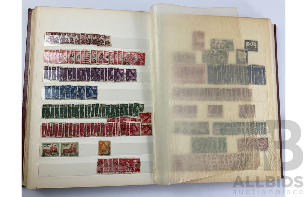 Album of Australian Predecimal Stamps Including Colonial State Stamps, 1911 First Philatelic Exhibition Souvenir Stamp, QV, KGV, KGVI, Kangaroo on Map, Perfins, Overprints with Seven Seas Australian Stamp Catalogue, Stamp New Australia