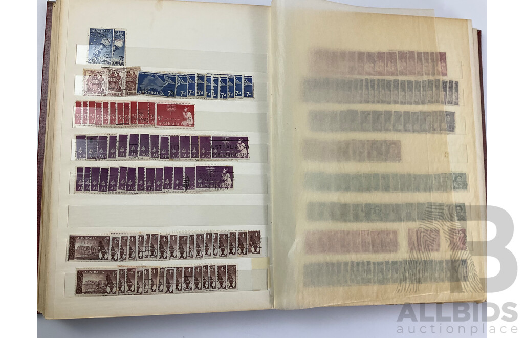 Album of Australian Predecimal Stamps Including Colonial State Stamps, 1911 First Philatelic Exhibition Souvenir Stamp, QV, KGV, KGVI, Kangaroo on Map, Perfins, Overprints with Seven Seas Australian Stamp Catalogue, Stamp New Australia