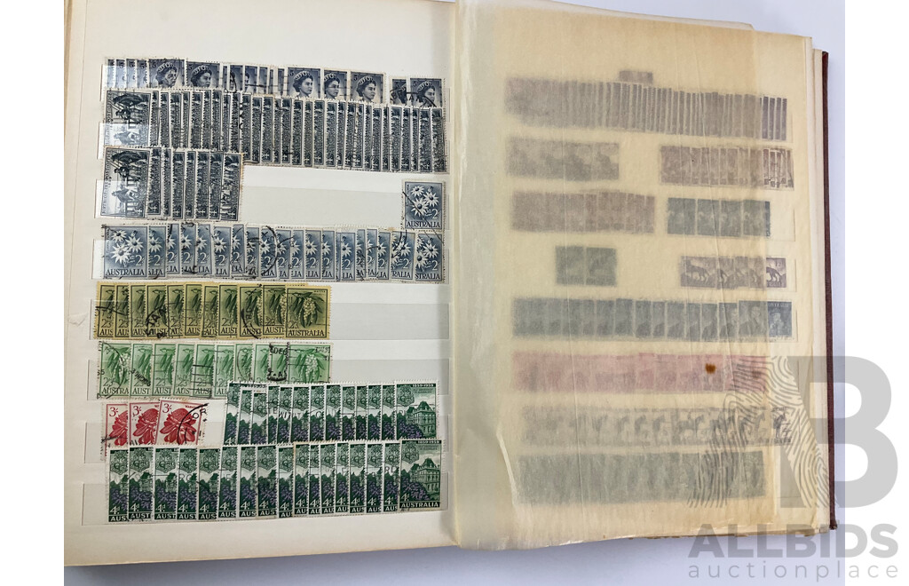 Album of Australian Predecimal Stamps Including Colonial State Stamps, 1911 First Philatelic Exhibition Souvenir Stamp, QV, KGV, KGVI, Kangaroo on Map, Perfins, Overprints with Seven Seas Australian Stamp Catalogue, Stamp New Australia