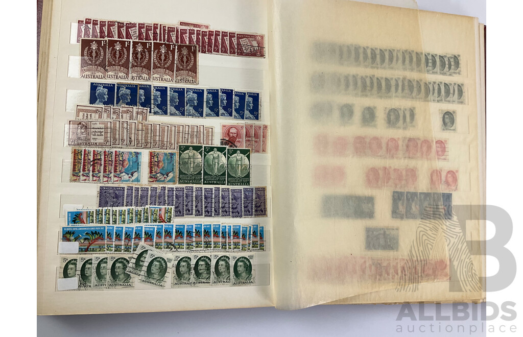 Album of Australian Predecimal Stamps Including Colonial State Stamps, 1911 First Philatelic Exhibition Souvenir Stamp, QV, KGV, KGVI, Kangaroo on Map, Perfins, Overprints with Seven Seas Australian Stamp Catalogue, Stamp New Australia