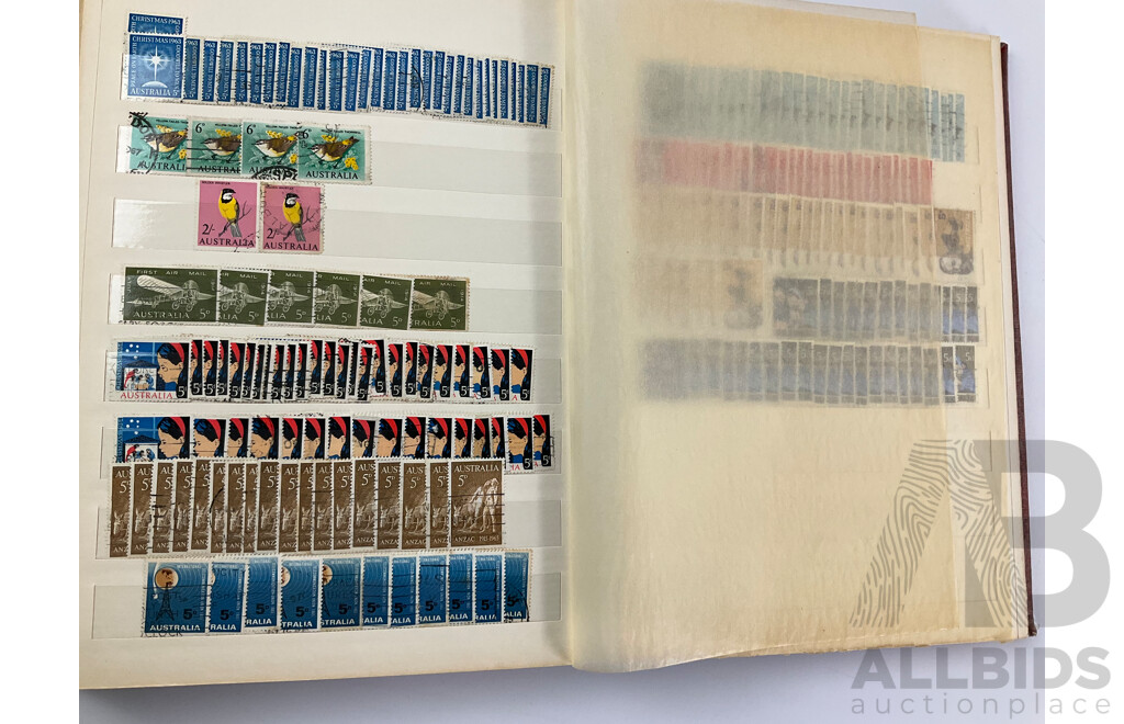 Album of Australian Predecimal Stamps Including Colonial State Stamps, 1911 First Philatelic Exhibition Souvenir Stamp, QV, KGV, KGVI, Kangaroo on Map, Perfins, Overprints with Seven Seas Australian Stamp Catalogue, Stamp New Australia