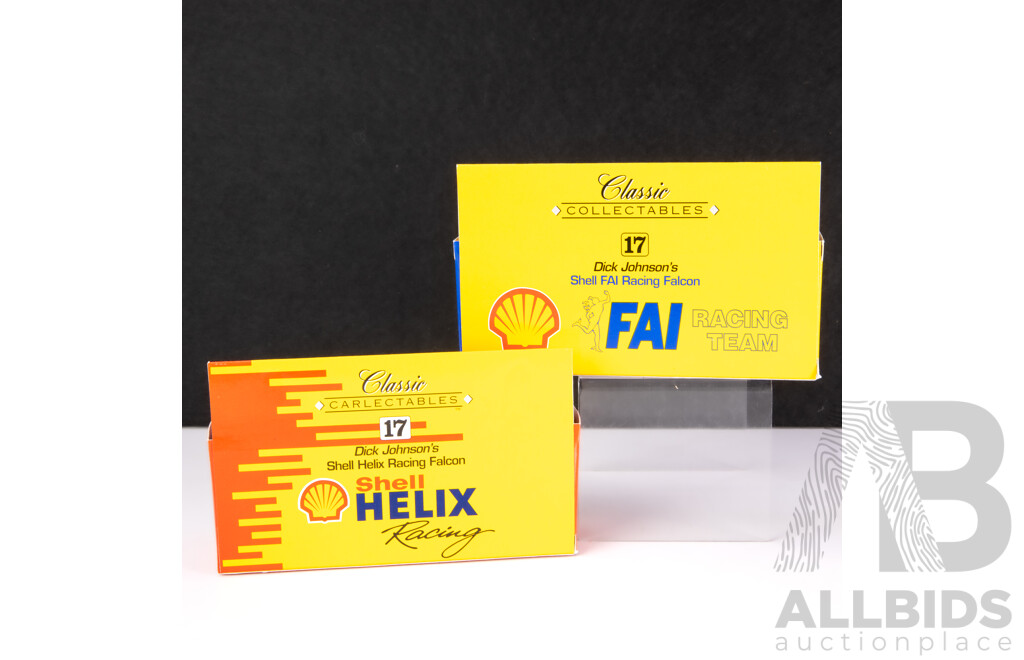 Two Classic Carlectables Diecast Ford Falcons, Dick Johnson Shell Helix and FAI - 1:43 Scale