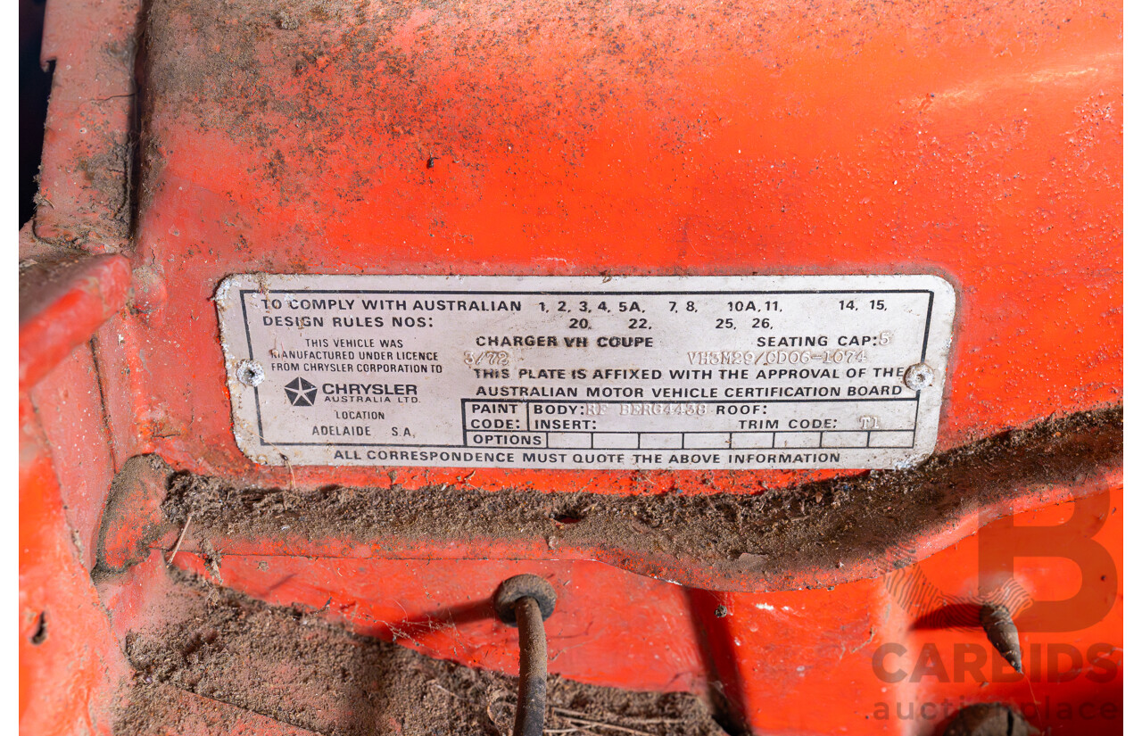 3/1972 Chrysler Valiant VH Charger 2d Coupe Hemi Orange 245ci 4.0L