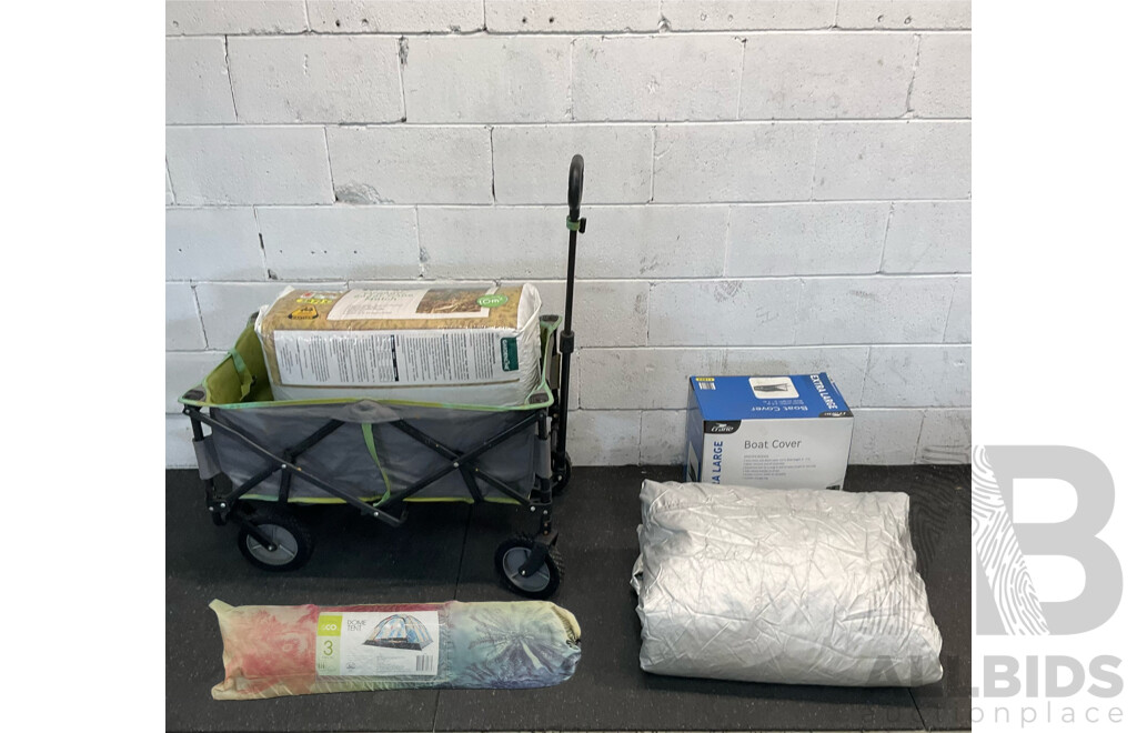 Assorted Garagenalia Items - Crane Boat Cover & Campervan Cover & Folding Beach Trolley & More - Lot of 5
