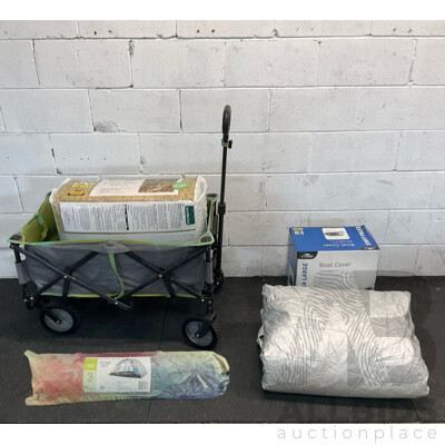 Assorted Garagenalia Items - Crane Boat Cover & Campervan Cover & Folding Beach Trolley & More - Lot of 5