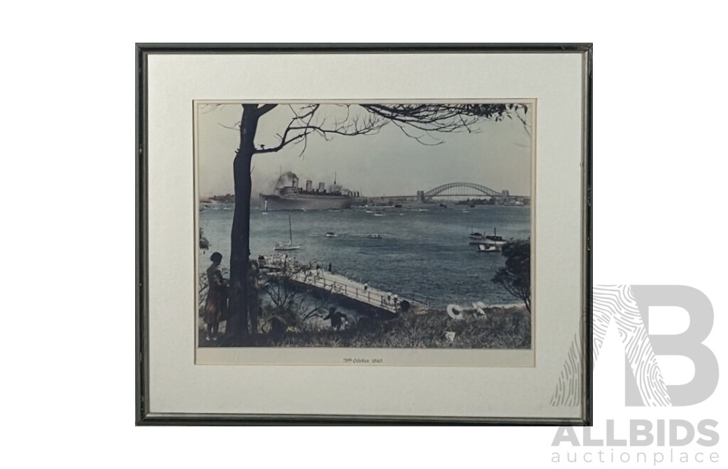 Artist Unknown, (20th Century), Ship Docking Into Sydney Harbour, 20th October 1940, Wonderful Vintage Reproduction Photograph After Original, 58 x 68 cm (frame)