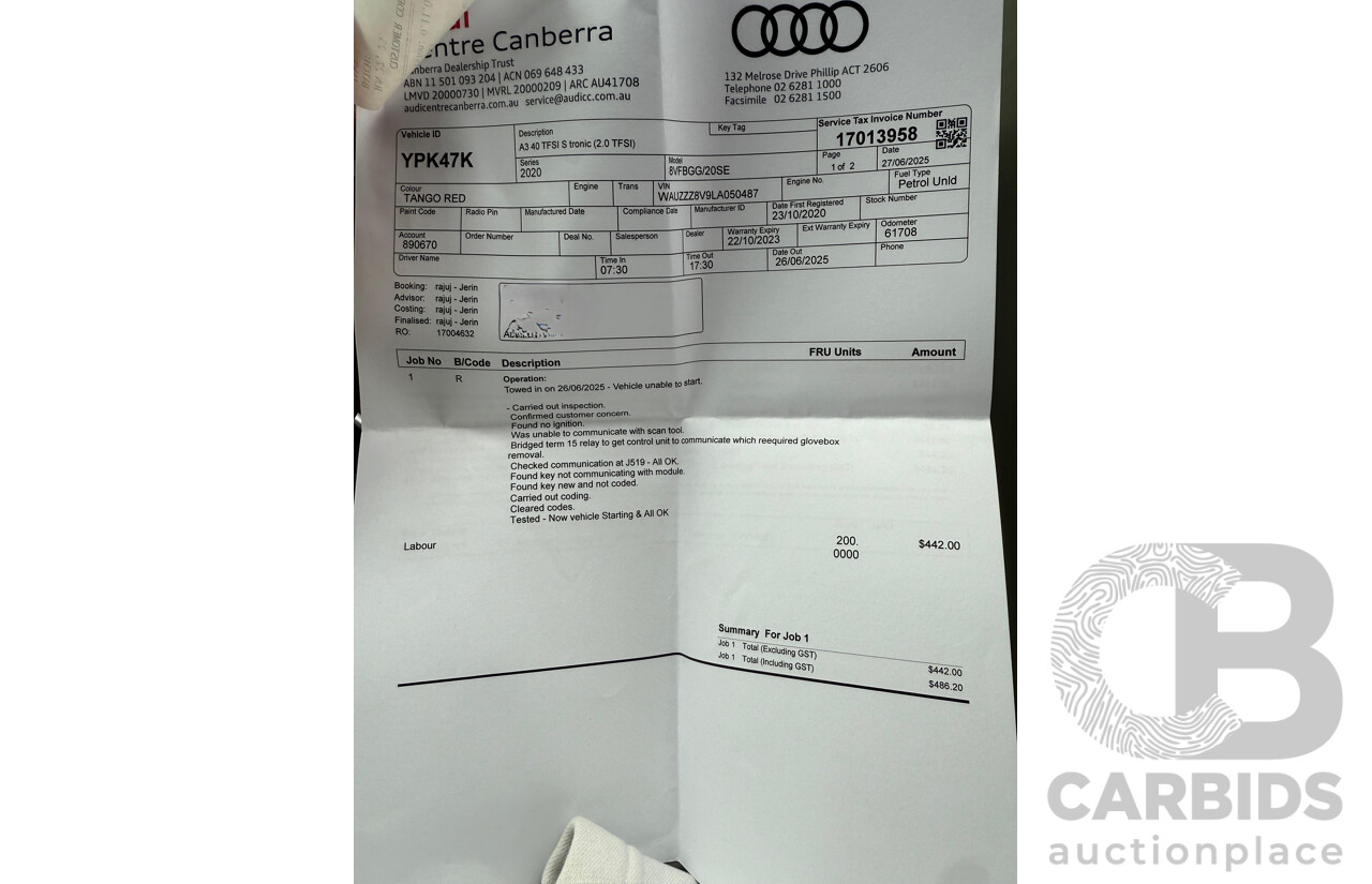 07/2020 Audi A3 40 TFSI S-Line Plus 8V MY20 4d Hatch Tango Red Metallic Turbo 2.0L