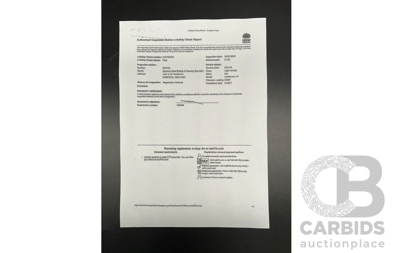 08/2017 Kia Carnival SLi (FWD) YP MY18 4d Wagon Snow White Pearl V6 3.3L