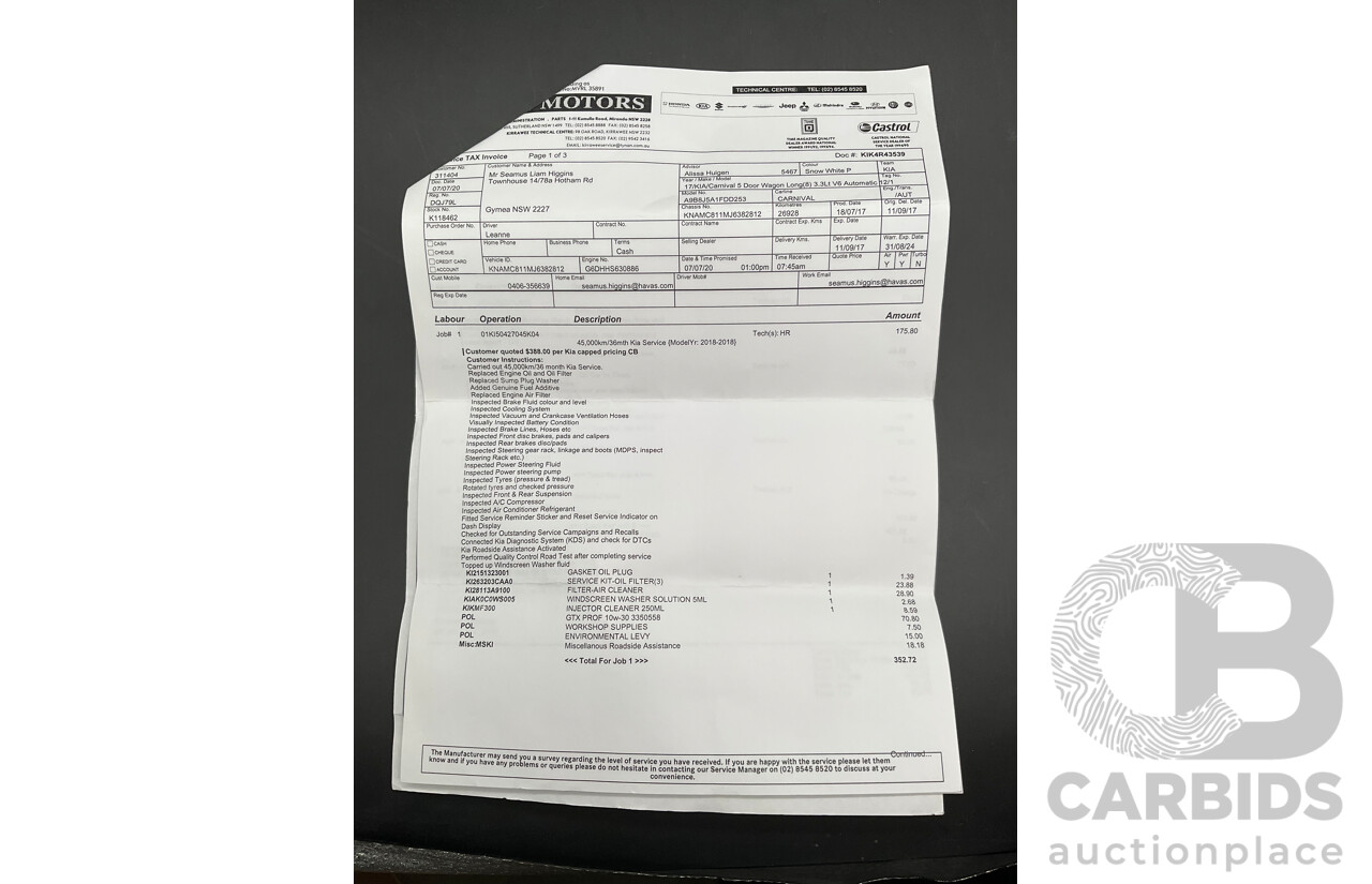 08/2017 Kia Carnival SLi (FWD) YP MY18 4d Wagon Snow White Pearl V6 3.3L