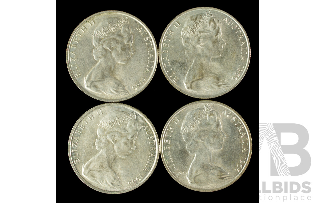 Four Australian 1966 Round Fifty Cent Coins .800