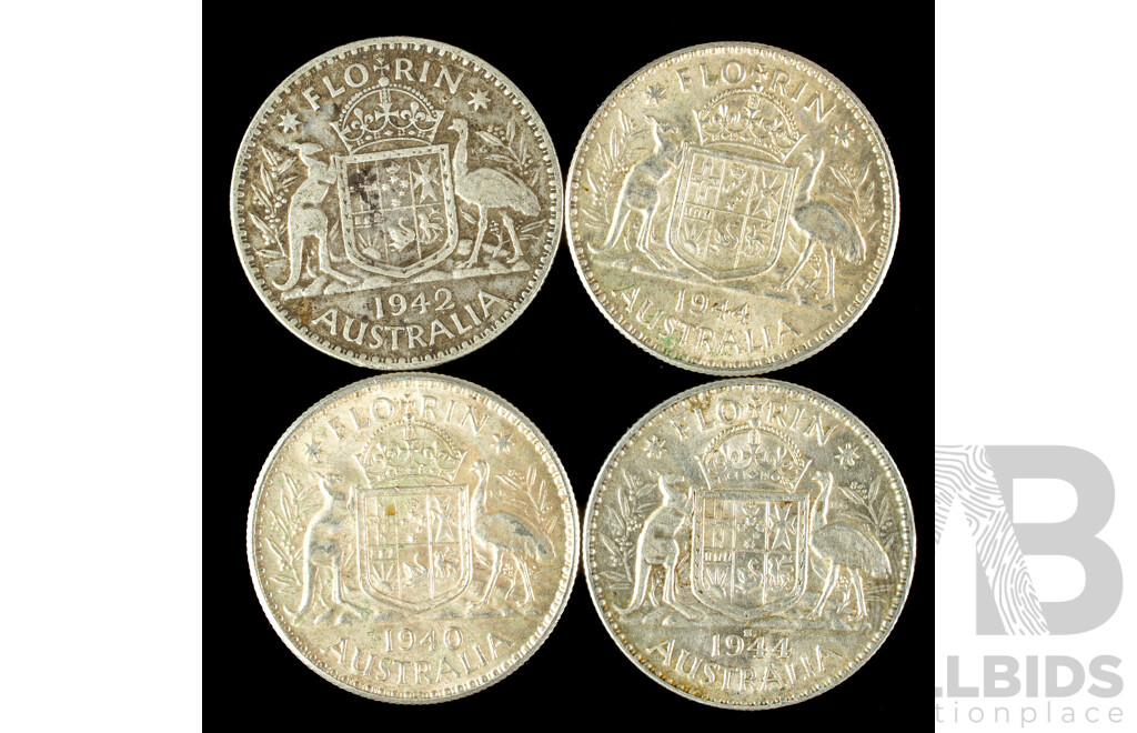 Four Australian KGVI Silver Florins Including 1940, 1942, 1944, 1944S  .925