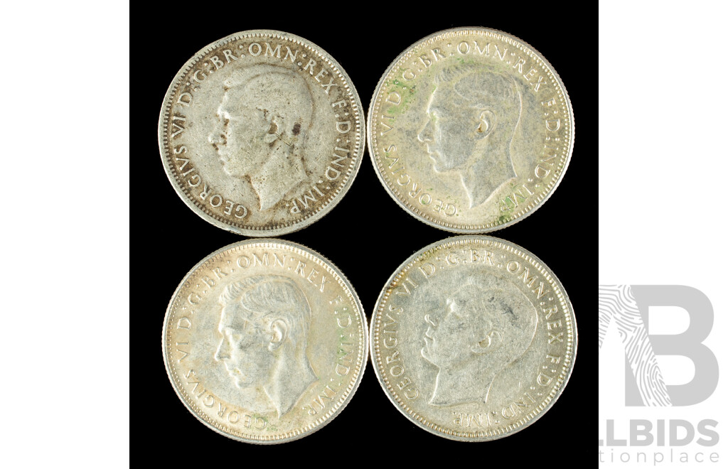 Four Australian KGVI Silver Florins Including 1940, 1942, 1944, 1944S  .925