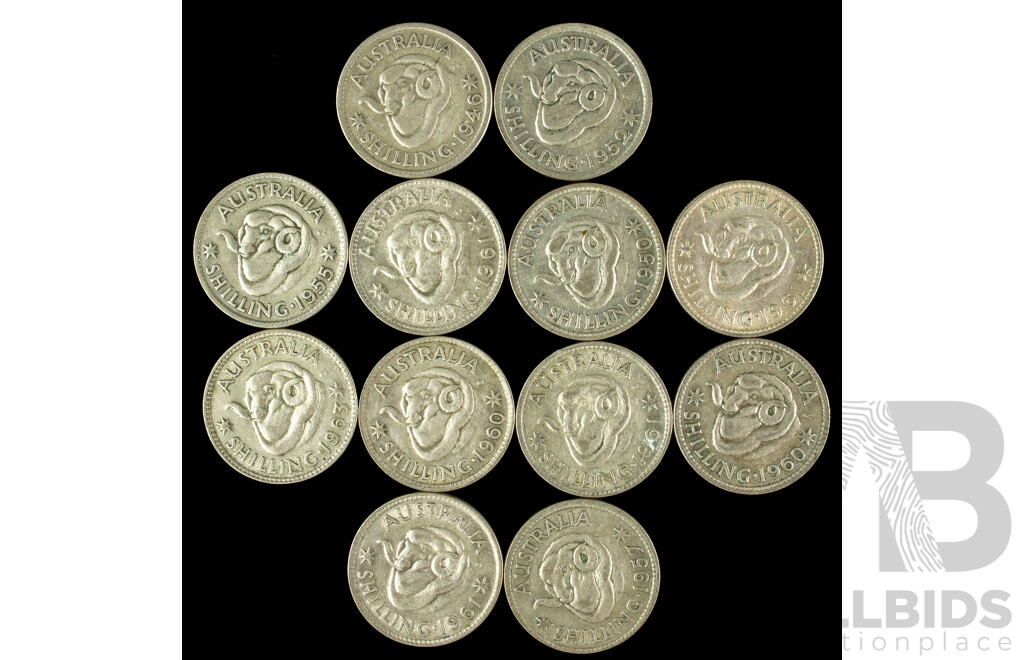 Twelve Australian KGVI/QE2 Silver Shillings, Examples Spanning 1946 to 1963  .500