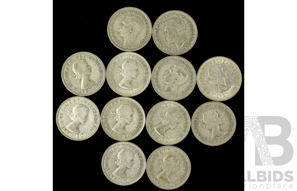 Twelve Australian KGVI/QE2 Silver Shillings, Examples Spanning 1946 to 1963  .500