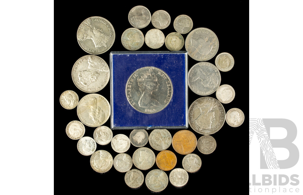 Collection of New Zealand and UK Coins Including QV/KEVII Threepence, 1930's Silver Florins and Sixpence