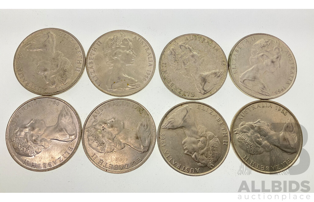 Eight Australian 1966 Round Fifty Cent Coins .800